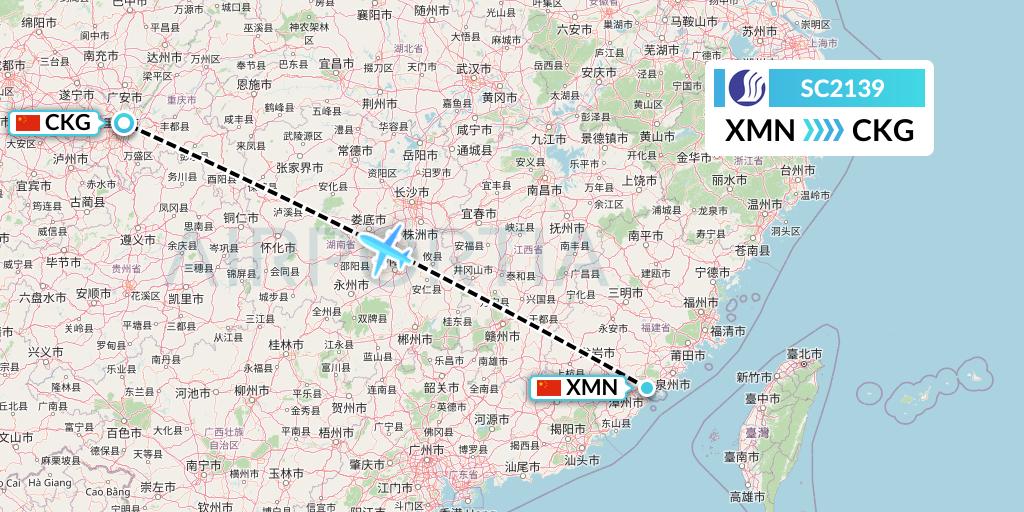 SC2139 Shandong Airlines Flight Map: Xiamen to Chongqing