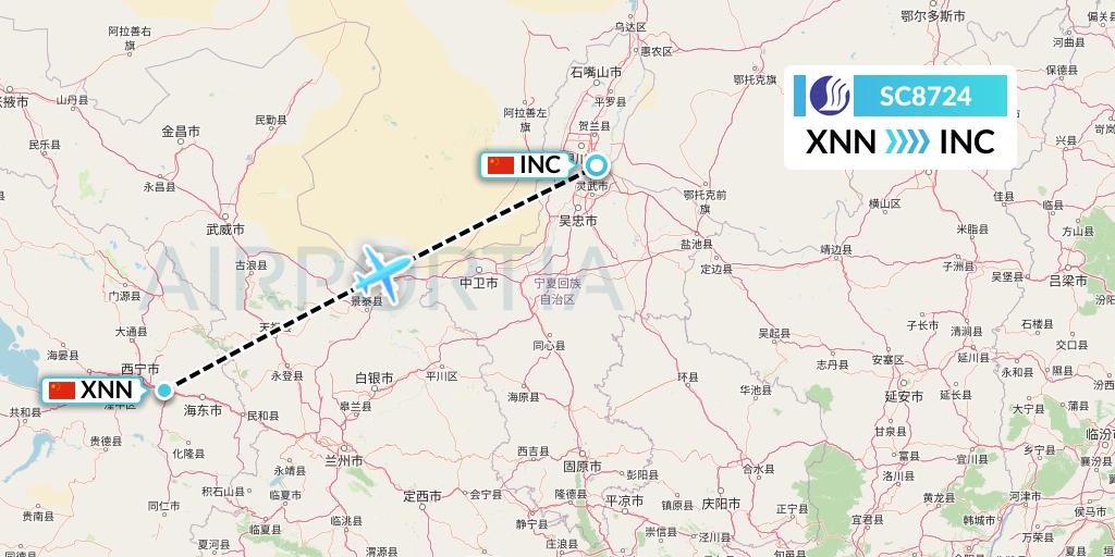 SC8724 Shandong Airlines Flight Map: Xining to Yinchuan