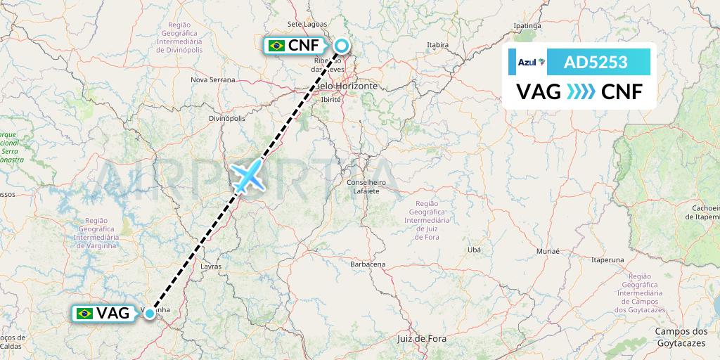 AD5253 Azul Brazilian Airlines Flight Map: Varginha to Belo Horizonte