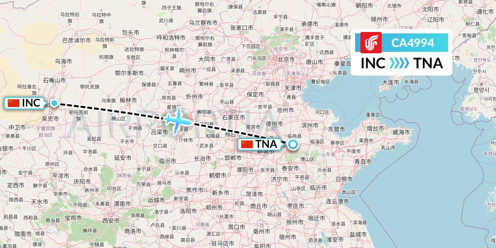 CA4994 Air China Flight Map: Yinchuan to Jinan