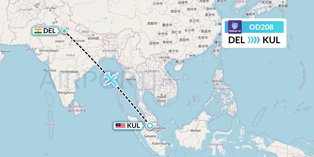 OD208 Batik Air Malaysia Flight Map: Delhi to Kuala Lumpur