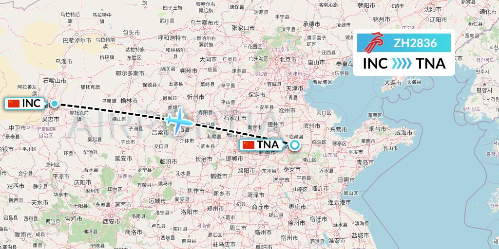 ZH2836 Shenzhen Airlines Flight Map: Yinchuan to Jinan
