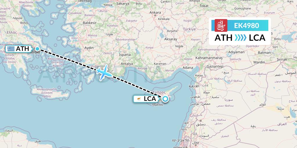 EK4980 Emirates Flight Map: Athens to Larnaca