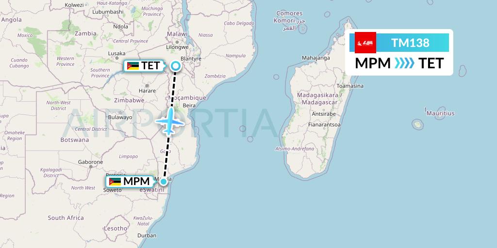 TM138 LAM Mozambique Airlines Flight Map: Maputo to Tete
