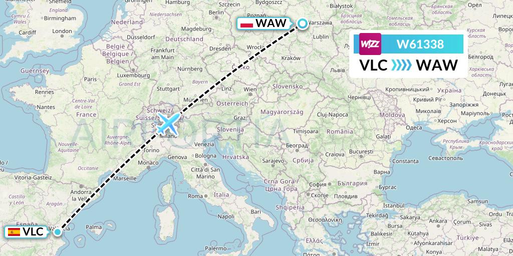 W61338 Wizz Air Flight Map: Valencia to Warsaw
