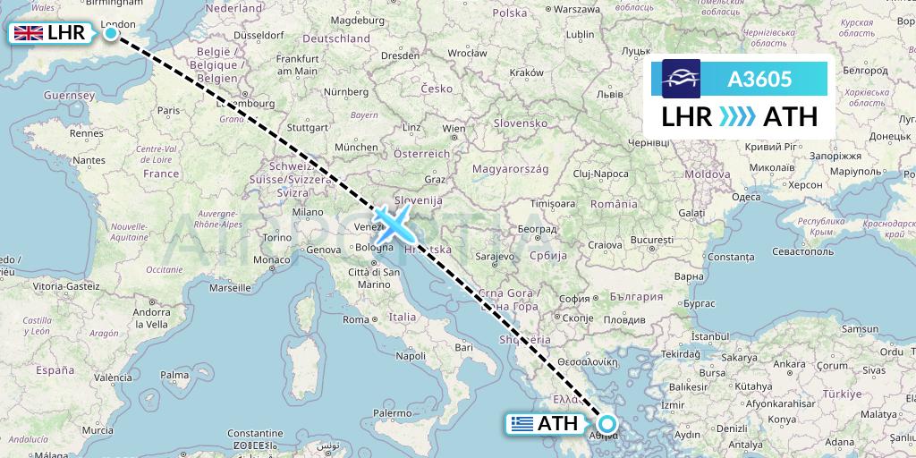 A3605 Aegean Airlines Flight Map: London to Athens