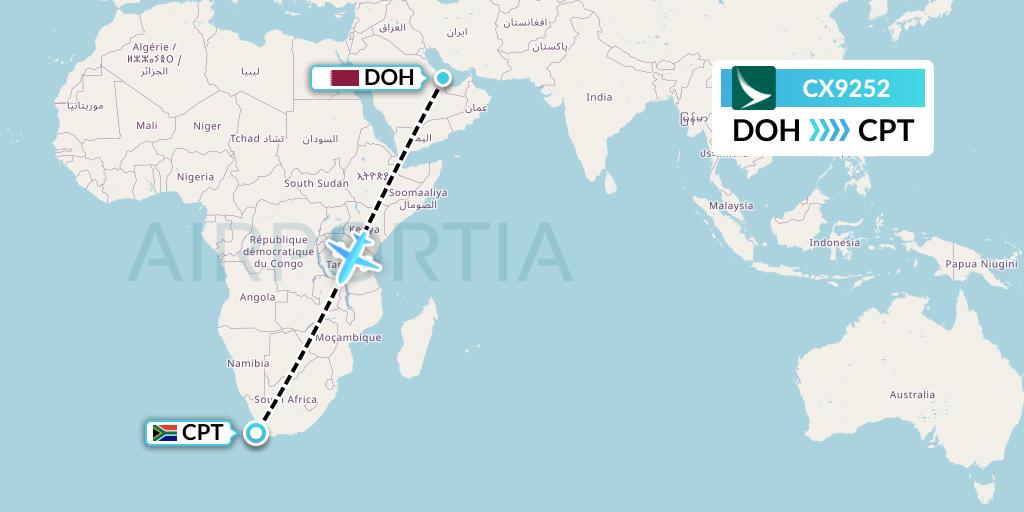 CX9252 Cathay Pacific Flight Map: Doha to Cape Town