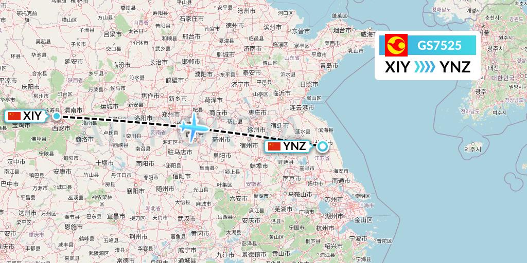 GS7525 Tianjin Airlines Flight Map: Xi'an to Yancheng