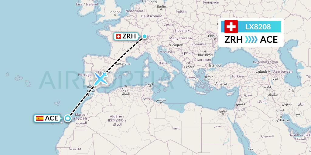 LX8208 Swiss Flight Map: Zurich to Lanzarote