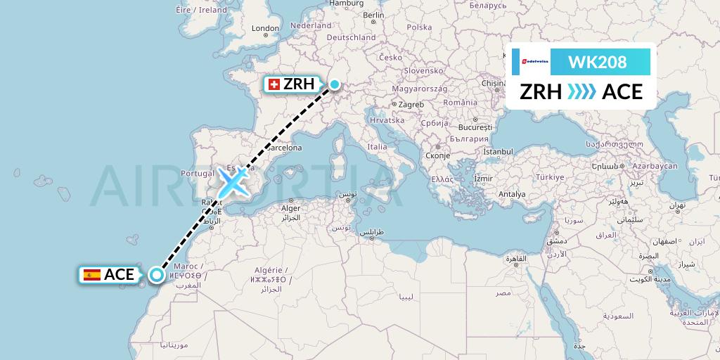 WK208 Edelweiss Air Flight Map: Zurich to Lanzarote