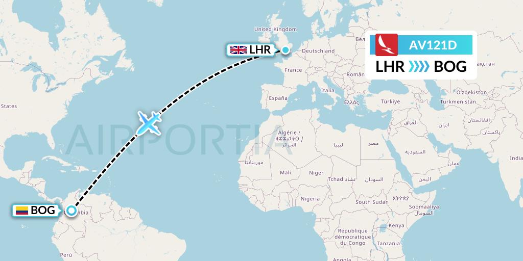 AV121D Avianca Flight Map: London to Bogota