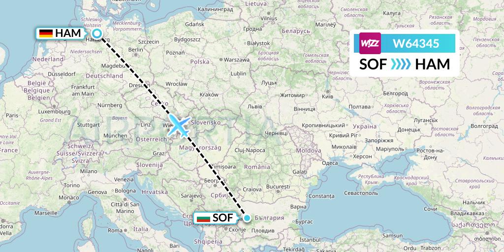 W64345 Wizz Air Flight Map: Sofia to Hamburg