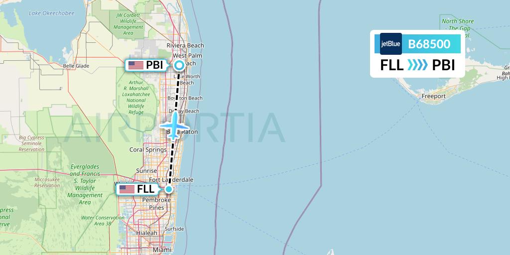 B68500 JetBlue Airways Flight Map: Fort Lauderdale to West Palm Beach