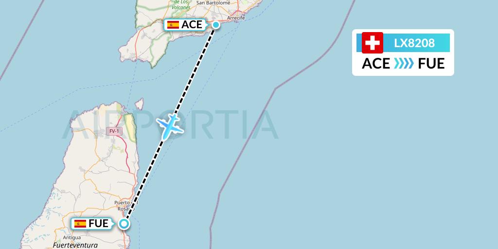 LX8208 Swiss Flight Map: Lanzarote to Fuerteventura