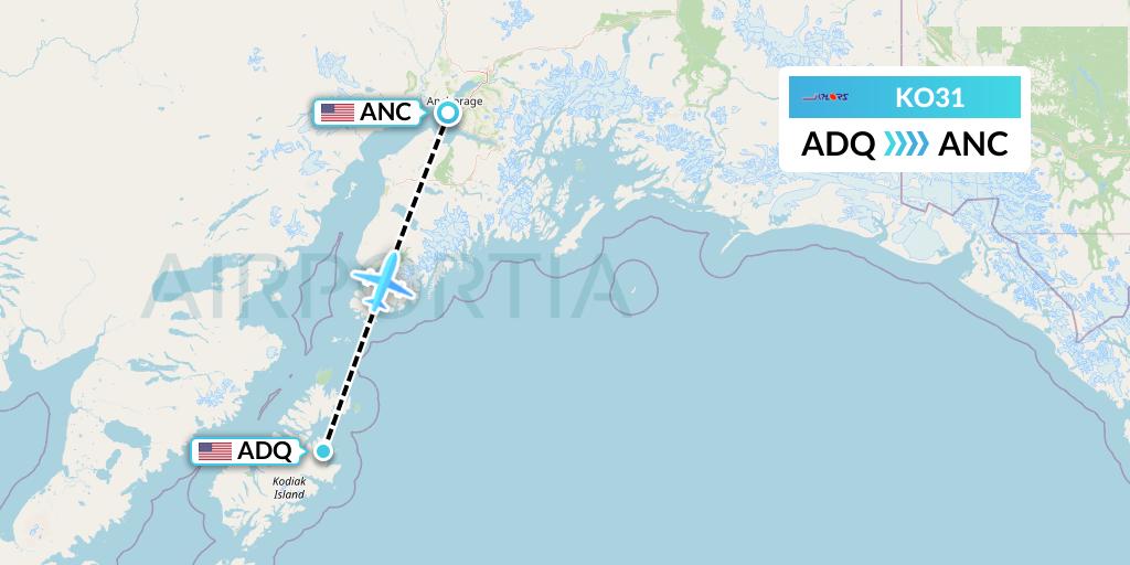 KO31 Komiaviatrans Flight Map: Kodiak to Anchorage