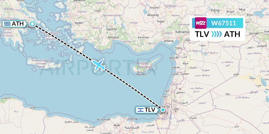 W67511 Wizz Air Flight Map: Tel Aviv to Athens