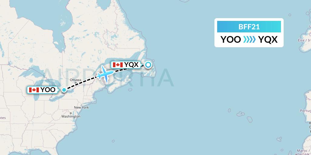 BFF21 Air Nunavut Flight Map: Oshawa to Gander
