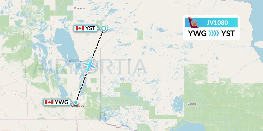 JV1080 Bearskin Airlines Flight Map: Winnipeg to St. Theresa Point