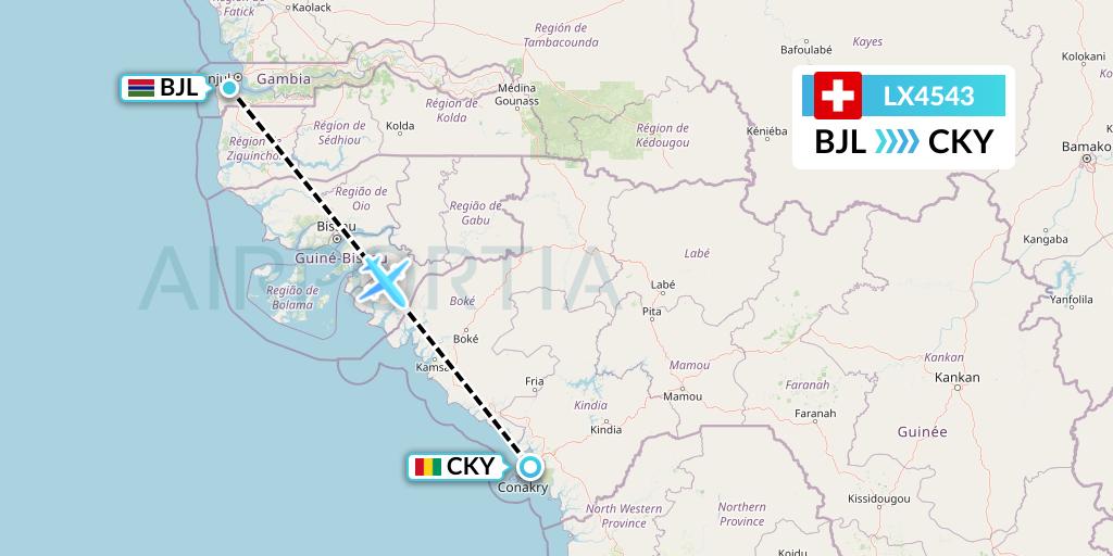 LX4543 Swiss Flight Map: Banjul to Conakry