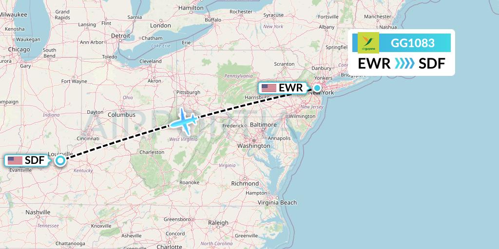 GG1083 Sky Lease 1 Flight Map: New York to Louisville