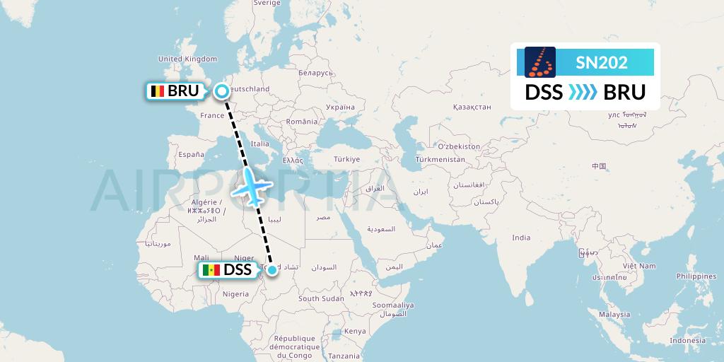 SN202 Brussels Airlines Flight Map: Dakar to Brussels