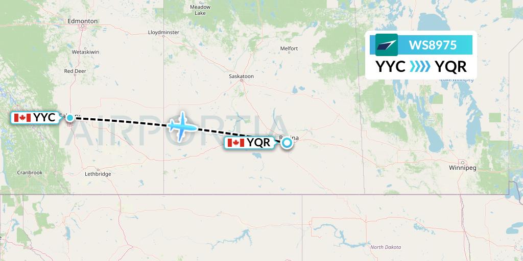 WS8975 WestJet Flight Map: Calgary to Regina