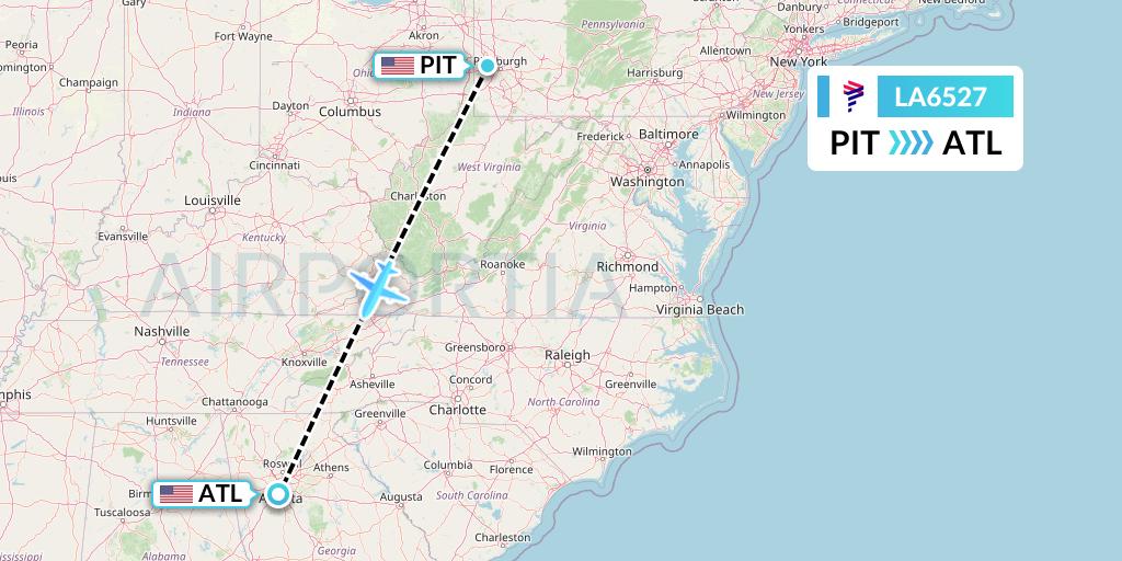 LA6527 LAN Airlines Flight Map: Pittsburgh to Atlanta