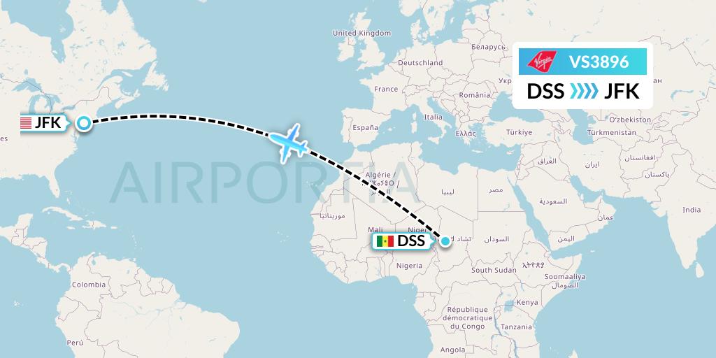VS3896 Virgin Atlantic Airways Flight Map: Dakar to New York