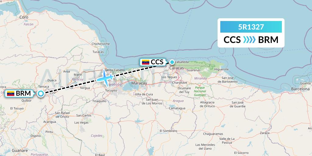 5R1327 Rutaca Airlines Flight Map: Caracas to Barquisimeto