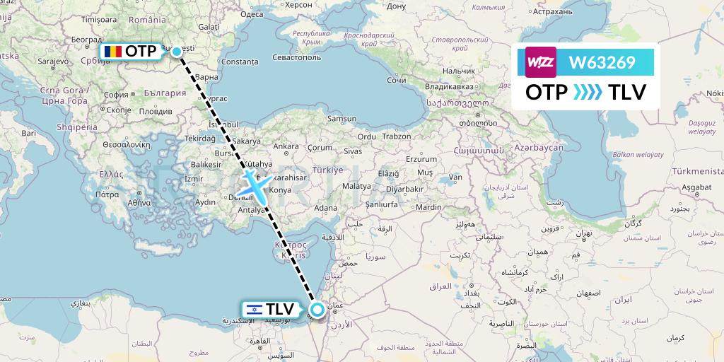 W63269 Wizz Air Flight Map: Bucharest to Tel Aviv