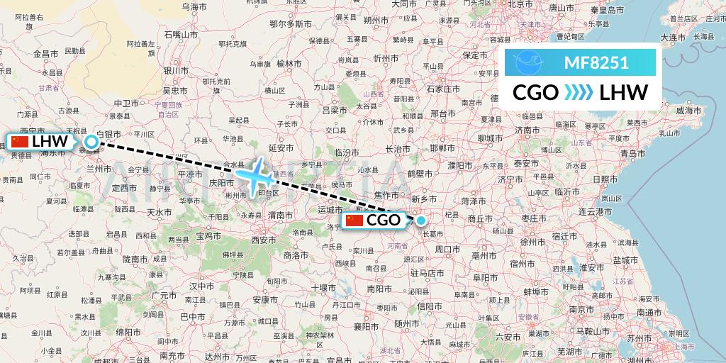 MF8251 Xiamen Airlines Flight Map: Zhengzhou to Lanzhou