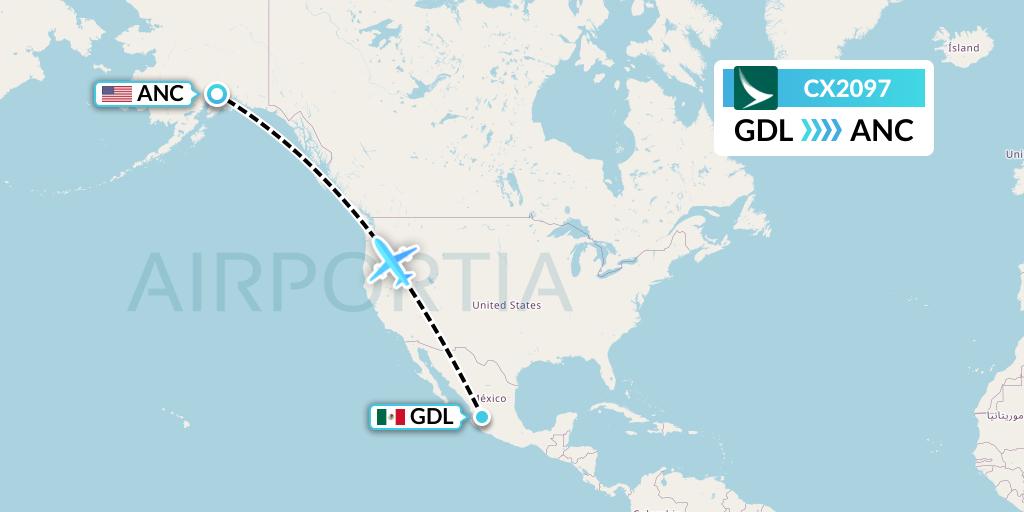 CX2097 Cathay Pacific Flight Map: Guadalajara to Anchorage