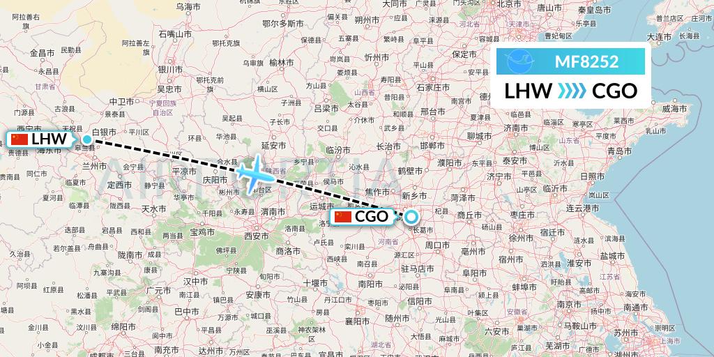 MF8252 Xiamen Airlines Flight Map: Lanzhou to Zhengzhou