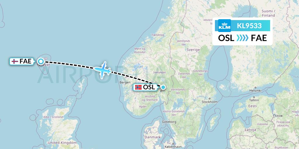 KL9533 KLM Flight Map: Oslo to Vagar
