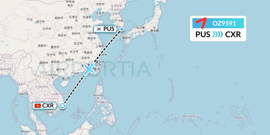 OZ9591 Asiana Airlines Flight Map: Busan to Nha Trang