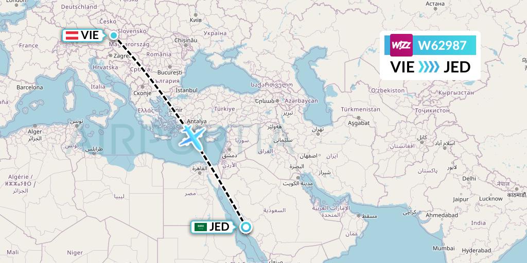 W62987 Wizz Air Flight Map: Vienna to Jeddah