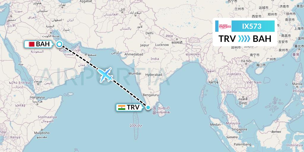 IX573 Air India Express Flight Map: Thiruvananthapuram to Bahrain