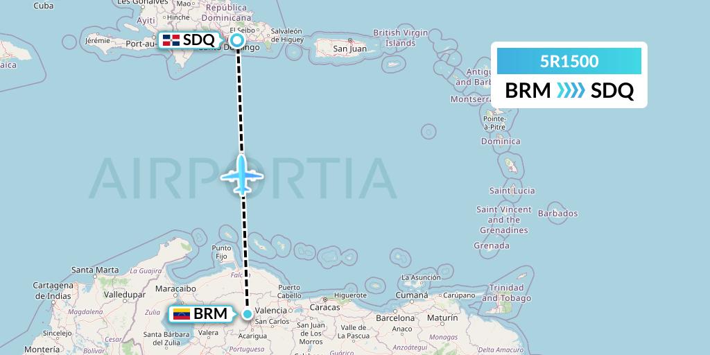 5R1500 Rutaca Airlines Flight Map: Barquisimeto to Santo Domingo