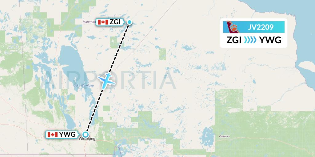 JV2209 Bearskin Airlines Flight Map: Gods River to Winnipeg