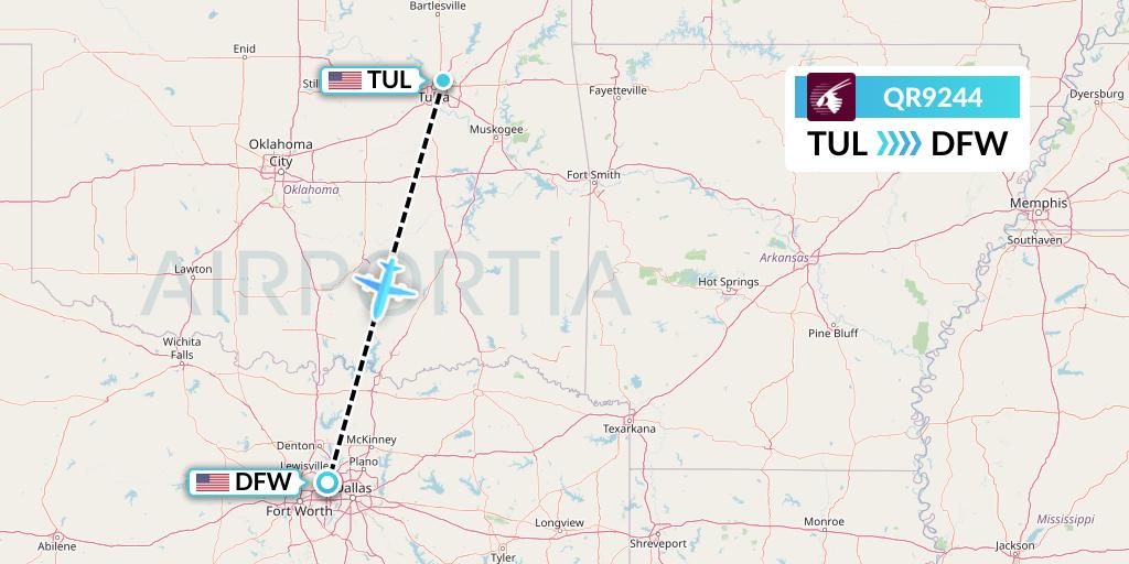 QR9244 Qatar Airways Flight Map: Tulsa to Dallas