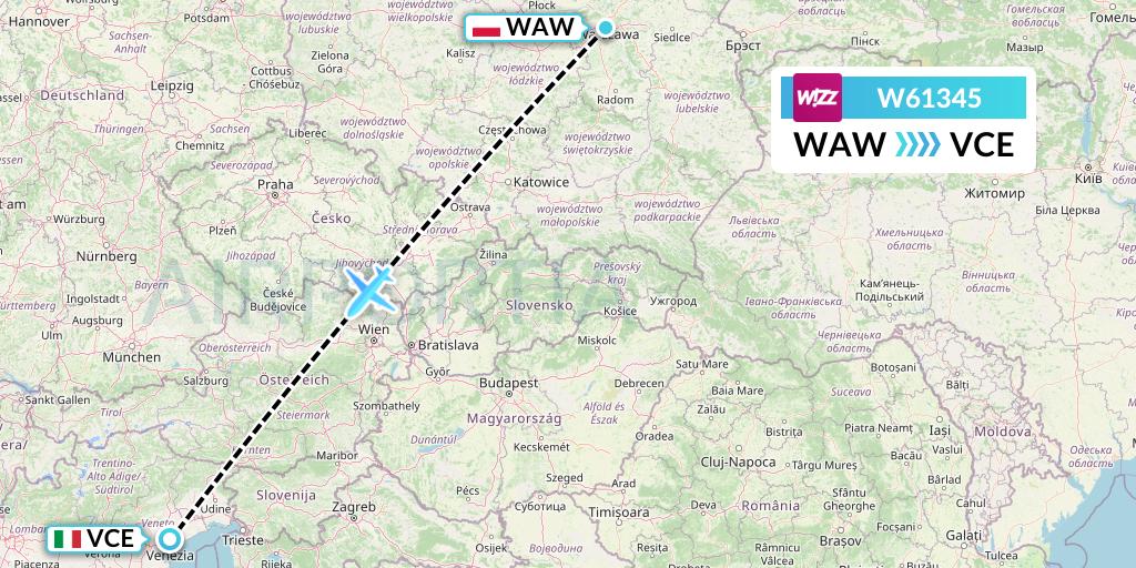 W61345 Wizz Air Flight Map: Warsaw to Venice