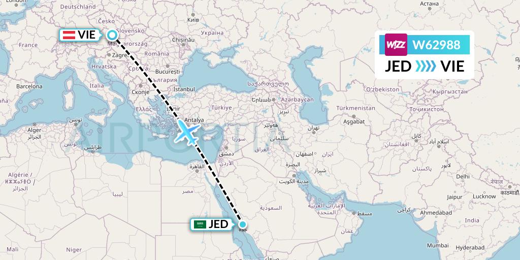 W62988 Wizz Air Flight Map: Jeddah to Vienna