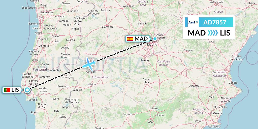 AD7857 Azul Brazilian Airlines Flight Map: Madrid to Lisbon