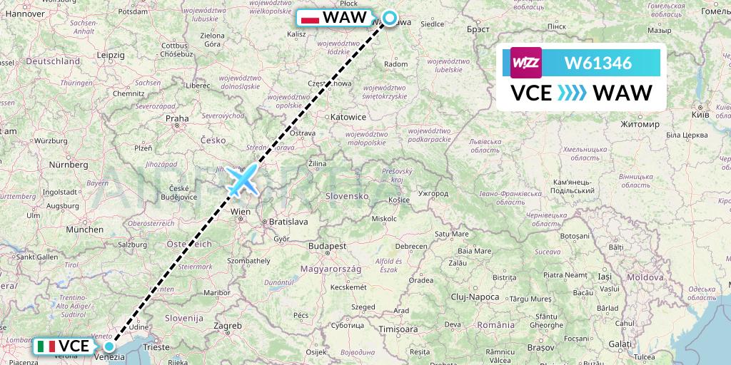 W61346 Wizz Air Flight Map: Venice to Warsaw