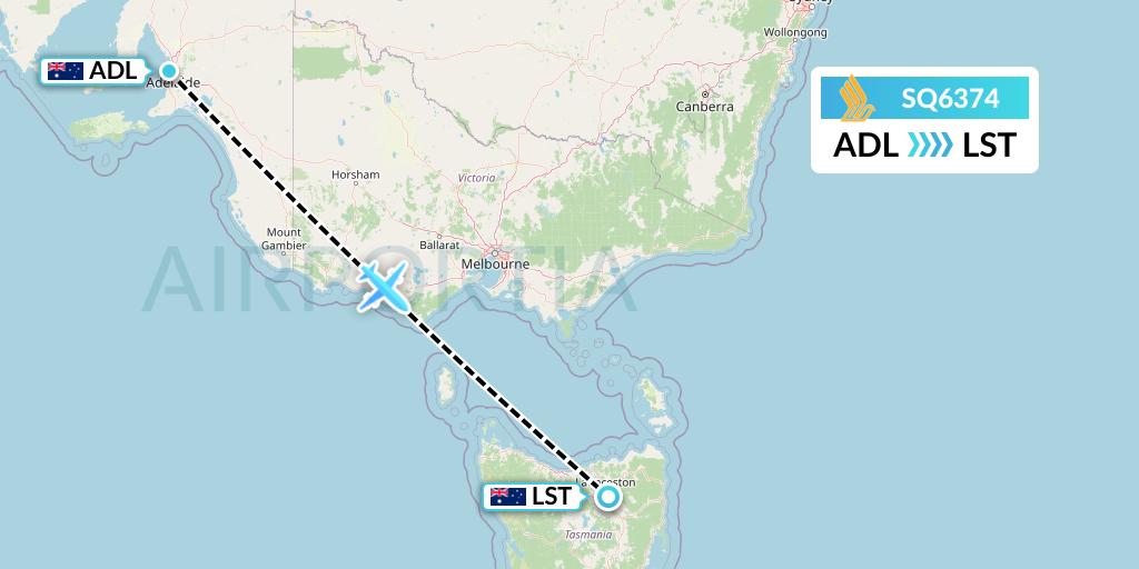 SQ6374 Singapore Airlines Flight Map: Adelaide to Launceston
