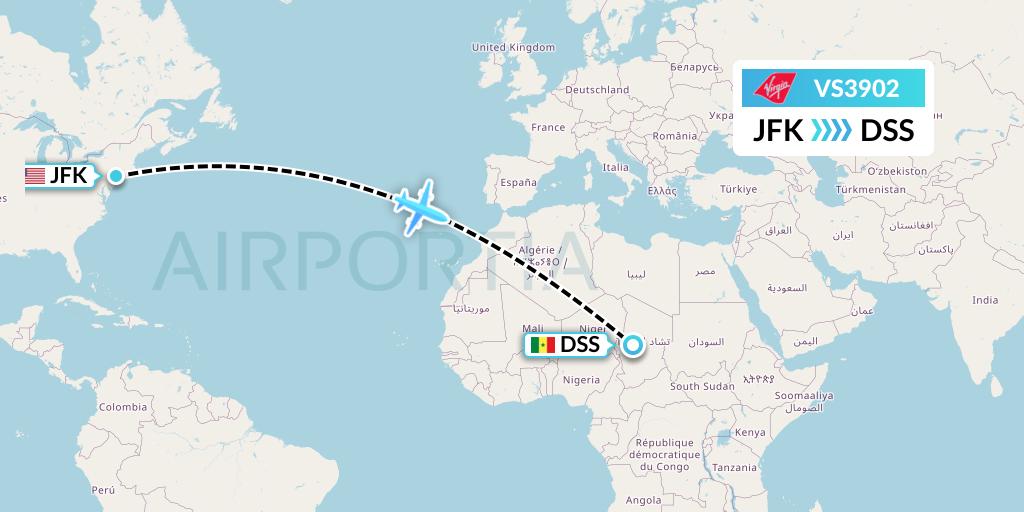 VS3902 Virgin Atlantic Airways Flight Map: New York to Dakar