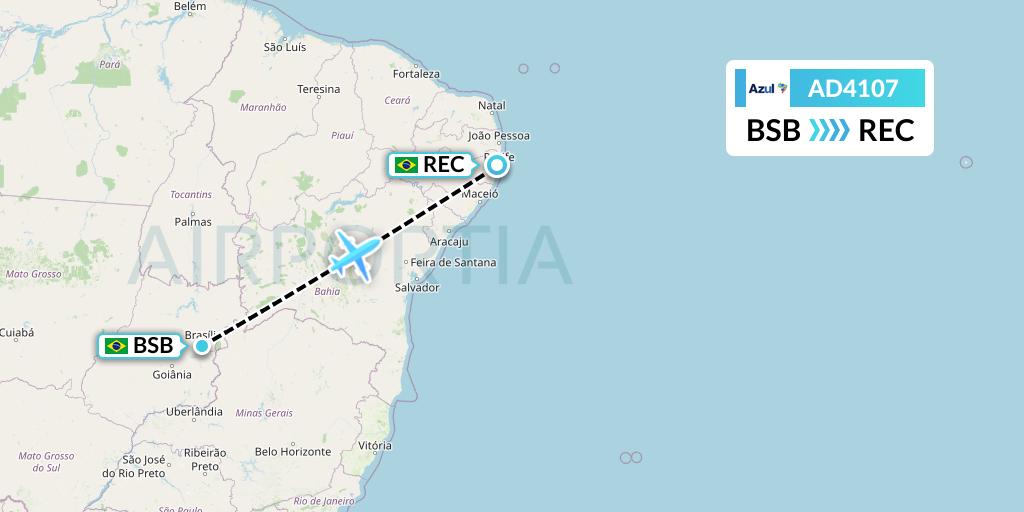 AD4107 Azul Brazilian Airlines Flight Map: Brasilia to Recife
