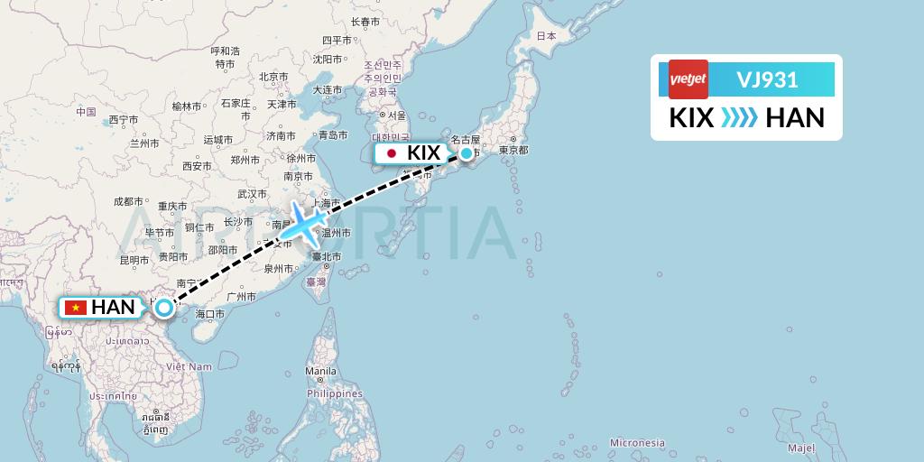VJ931 VietJet Air Flight Map: Osaka to Hanoi