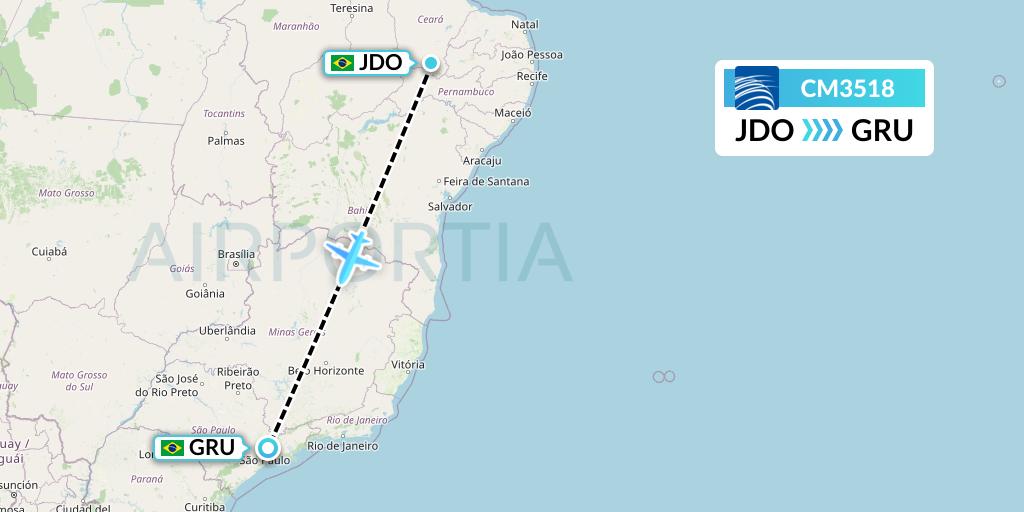 CM3518 Copa Airlines Flight Map: Juazeiro Do Norte to Sao Paulo