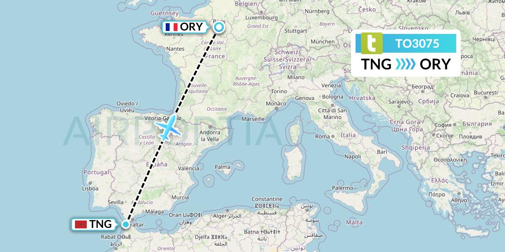 TO3075 Transavia France Flight Map: Tangier to Paris